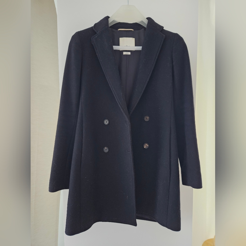 Wool Double-Breasted Long Coat - Navy